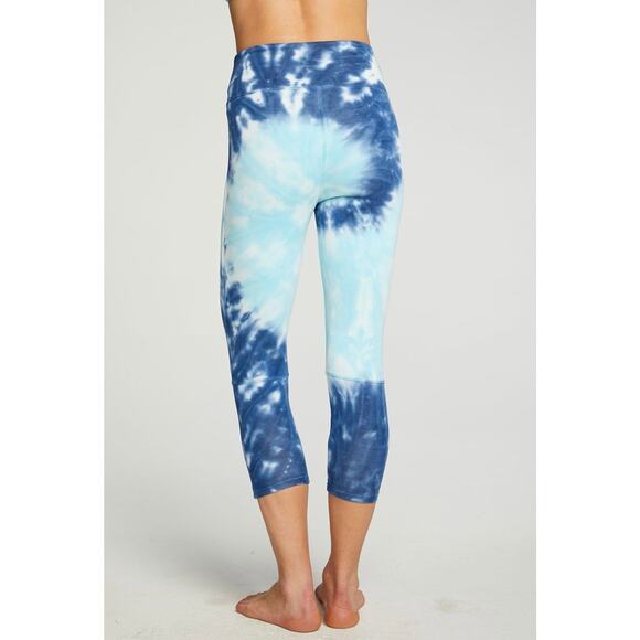 CHASER Workout Cropped Leggings Womens XS Blue Tie Dye Wave Lace up NEW - Picture 2 of 14